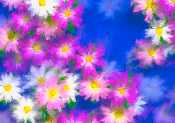 Daisies is a non-photographic digital painting where traditional media brush stroke emulation is applied to the finished compostion via brush gesture.  The work is a non-photographic digital painting.  Print: Pigment on premium gloss paper.  Framed size: 18x24 or 13x19 with single or double mat and Signature frame.